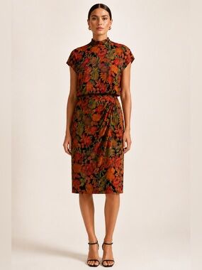 Vintage Silk Studio 100% Silk Botanical Faux Wrap Midi Dress Mock Neck 12